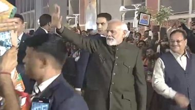 PM Narendra Modi Arrives at BJP Headquarters in Delhi as Party Wins Rajasthan Assembly Election 2023, Leads in Madhya Pradesh and Chhattisgarh (Watch Video)